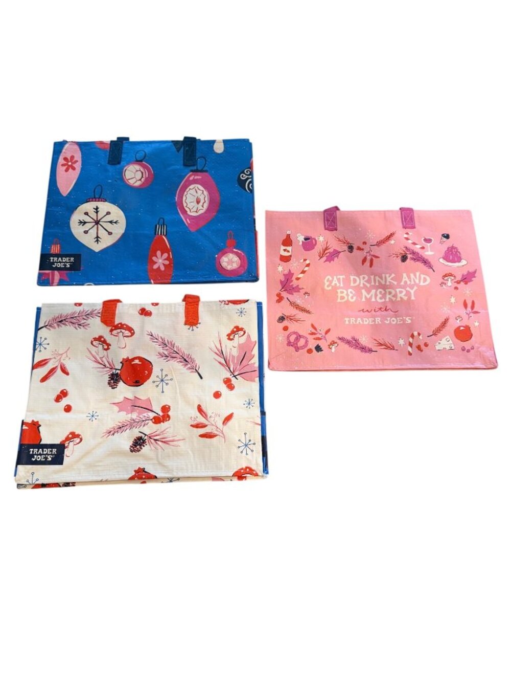 Trader Joes Reusable Holiday Gift Bag Set of 3 Ornaments Winterβ Botanical Pink